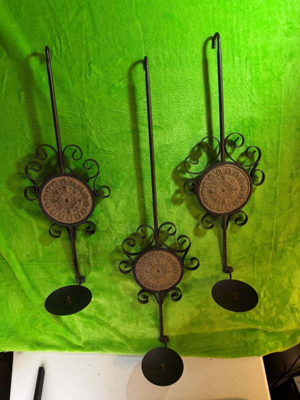 Set of 3 Wrought Iron Scroll Wall Candle Holders with Medallion Design